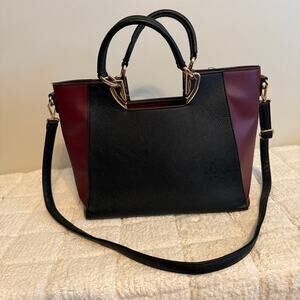 Dasein Black/Burgundy Structured Crossbody Satchel Bag with Faux Leather Finish